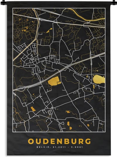 Wandkleed - Wanddoek - Kaart - Oudenburg - Plattegrond - Goud - Stadskaart - 120x180 cm - Wandtapijt