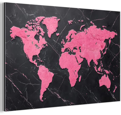 Aluminium schilderij 180x120 cm - Wanddecoratie metaal - Wereldkaart - Roze - Marmer - Metalen muurdecoratie woonkamer - Decoratie industrieel - Foto op dibond - Industriële accessoires slaapkamer