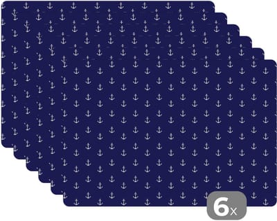 Placemat - Placemats kunststof - Patroon - Strand - Zee - Anker - 45x30 cm - 6 stuks - Hittebestendig - Anti-Slip - Onderlegger - Afneembaar