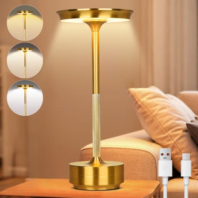 Rosnek Oplaadbare Tafellamp Goud - Voor Binnen & Buiten - Traploos Dimbaar - Draadloos - 3 Lichtkleuren - Metaal - Chique Sfeermaker voor Terras