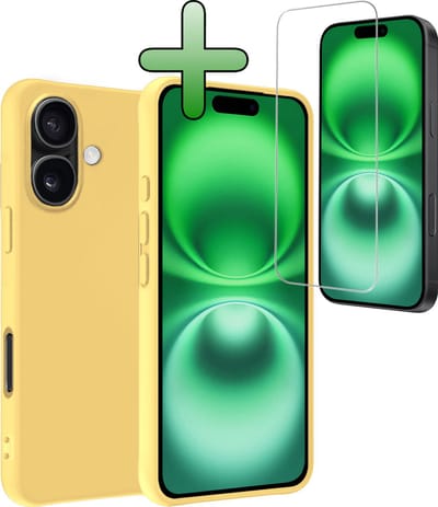 Hoesje Met Screenprotector - Geschikt voor Apple iPhone 16 - Sterk & Shockproof - Back Cover - Siliconen Case - Telefoon Hoes - Geel