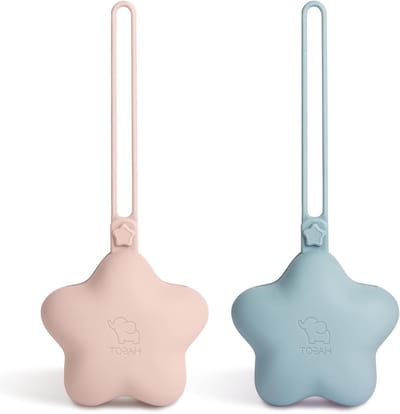 Set van 2 fopspeenboxen in roze en blauw, ideaal voor onderweg, siliconen materiaal, handig en praktisch