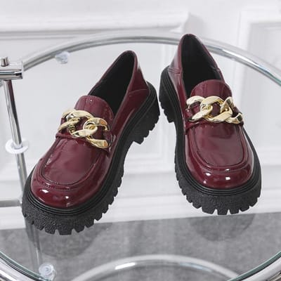 Chunky Loafers Dames Patent Lederen Platform Schoenen Ronde Neus Metalen Ketting Slip On Dames Flats Handgemaakte Kawaii Schoenen Dames Flats 38