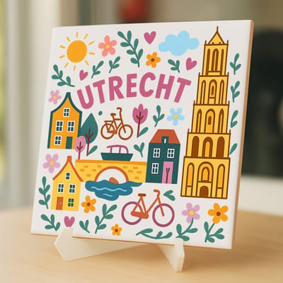 Tegeltje Utrecht - 15×15 cm – Keramiek – Decoratief Souvenir – Inclusief Transparante Houder / Ezel – Cadeau - Tegeltjes met tekst