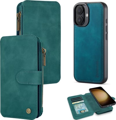 Casemania Hoesje Geschikt voor Apple iPhone 16 Plus - Emerald Green - 2 in 1 Magnetic Book Case met Rits