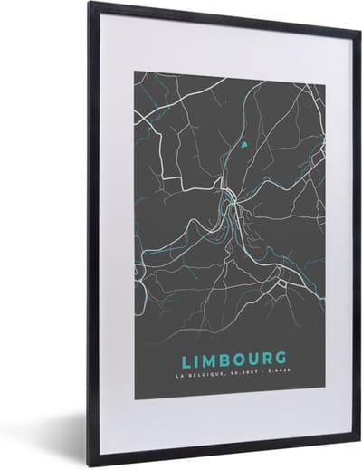Fotolijst incl. Poster - Plattegrond – Limbourg – Blauw – Stadskaart - Kaart - België - 40x60 cm - Posterlijst
