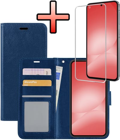 Hoesje - Met Screenprotector - Geschikt voor Samsung Galaxy A56 - Luxe Pasjeshouder - Bookcase Portemonee - Flip Case - Kunstleer Book Case - Flipcase - Book Cover - Walletcase - Portemonneehoes - Donkerblauw
