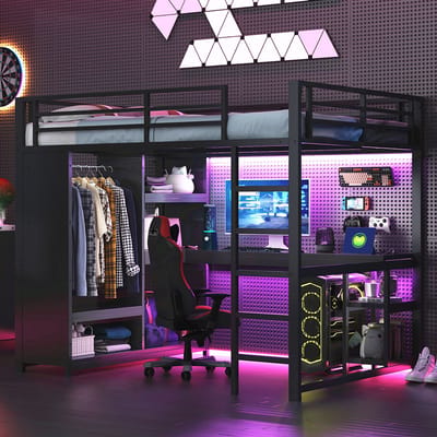 Pugsdrly Metalen gaming stapelbed 140x200 met ledverlichting, bureau, open kledingkast en opbergvakken, zwart