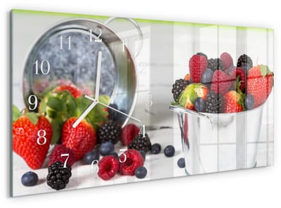 Tulup Wandklok - Bosvruchten Wandklok Glas Decoratie - 60x30 cm - Rood Gekleurde Glazen Klok - Witte Handen - Rechthoekige Wandklok - Wandklok Glas Decoratie - Gekleurde Glazen Klok