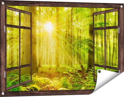 Gards Tuinposter Doorkijk Groen Bos met Schijnende Zonnestralen - 90x60 cm - Tuindoek - Tuindecoratie - Wanddecoratie buiten - Tuinschilderij
