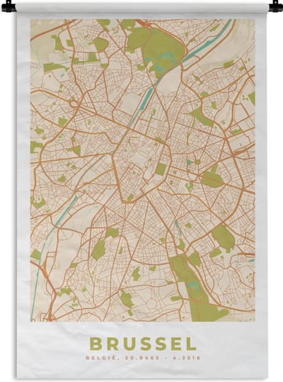 Wandkleed - Wanddoek - Brussel - Stadskaart - Plattegrond - Kaart - Vintage - 120x180 cm - Wandtapijt