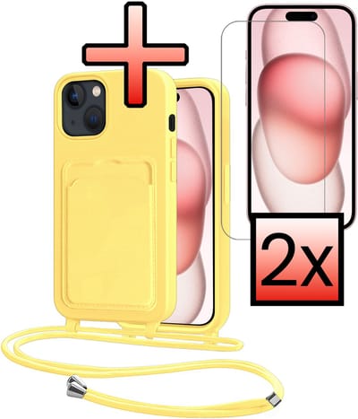 Hoes Geschikt voor iPhone 15 Plus Hoesje Pasjeshouder Cover Met Koord Case Siliconen Hoes Met Telefoonkoord en Kaarthouder Met 2x Screenprotector - Geel