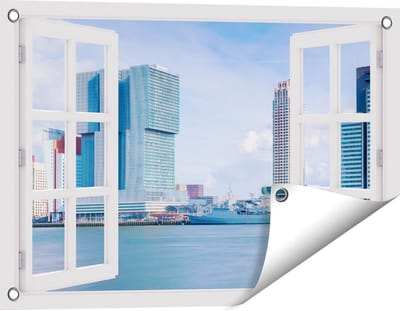 Gards Tuinposter Doorkijk Rotterdamse Skyline aan het Water - 60x40 cm - Tuindoek - Tuindecoratie - Wanddecoratie buiten - Tuinschilderij