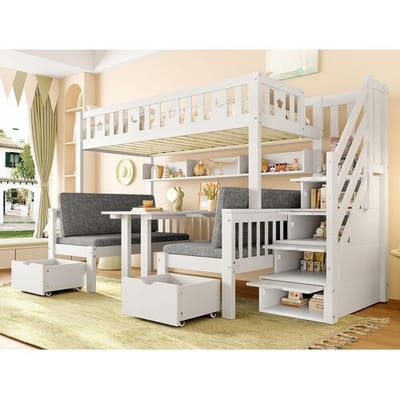 ModernLuxe Hoogbed 90×200 cm - Bed en bureau 2 in 1 - Trap met opbergruimte - Met veiligheidshek - Wit (matras niet inbegrepen)