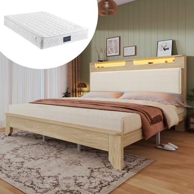 DESMIU Bed 140 x 200 cm Met Matras - Hoofdbord Met Opbergruimte En Led-Verlichting - Onderbed Opbergruimte - Slaapkamer - Corduroy - Beige