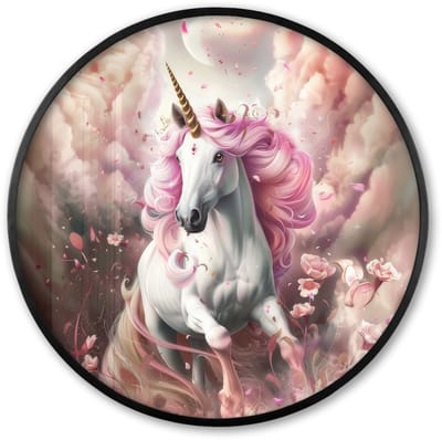 Poster in lijst Rond - Fotolijst 60x60 cm - Posters - Eenhoorn - Meisje - Roze - Bloemen - Sprookje - Ronde posterlijst zwart - Decoratie - Wanddecoratie woonkamer - Muurdecoratie slaapkamer