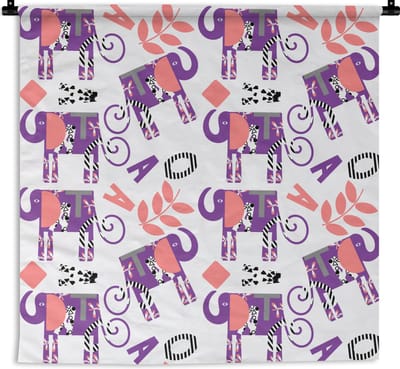 Wandkleed - Wanddoek - Olifanten - Bladeren - Paars - Patroon - 180x180 cm - Wandtapijt