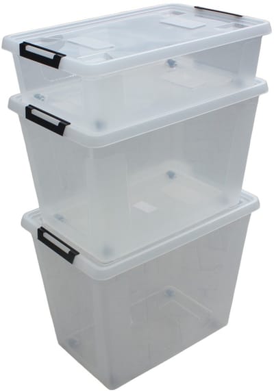 HL opbergboxen met deksels - Set van 3 - 30 liter, 60 liter, 80 liter - Opbergdoos met wieltjes - Kunststof - Transparant - Stapelbaar