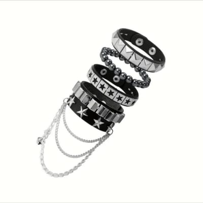 4 Stuks/Set Gotiek Punk Rock Vierkant Klinknagel Armband Dagelijks En Feest Gotiek Kwast Metaal Ketting Accessoires Valentijnsdag Sieraden Cadeau black