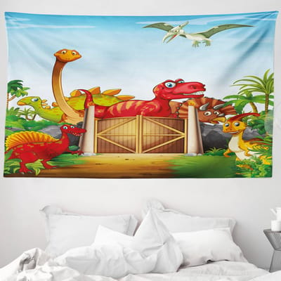 ABAKUHAUS Kinderwandkleed, Cartoon Dinosaurussen in het Park, 230 x 140 cm, Meerkleurig
