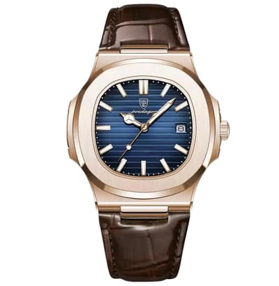 poedagar Herenhorloge - Leren Band - Polshorloge - Heren - Horloge - Horlogedoos - Mannen - Rosé & Blauw- Polsband Bruin