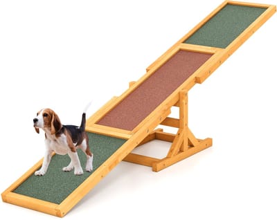 COSTWAY Hondenwip van hout, Agility wip, outdoor hondensport voor balanstraining, voor kleine en grote honden tot 60 kg, weerbestendige speelset, 179 x 30 x 55 cm, geel