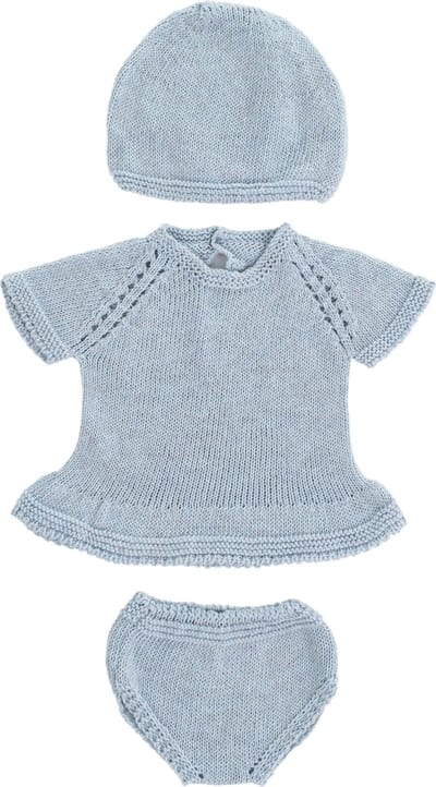 ML Poppen: KLEDIJ SET GEBREID grijsblauw meisje 40cm, 3-delig, kleedje, broekje en muts, eco en gerecycleerd, op kleerhanger, 3+