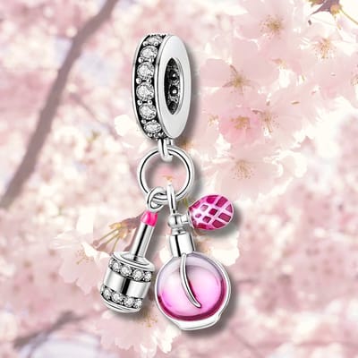 Fler® | Bedel | Past op populaire bedelarmbanden (standaard - 3mm) | Parfum & Lippenstift Bedel | Hangbedel Charm | 925 sterling zilver | Transparante zirkonia | Roze emaille | Armband Kraal | Valentijnsdag Cadeau | Sinterklaas kado | Kerstcadeau