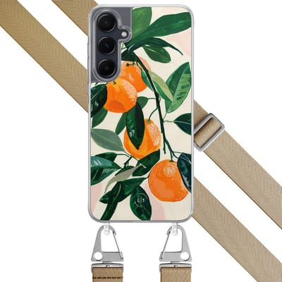 Hoesje met koord - Geschikt voor Samsung Galaxy A54 - Oranges - Verstelbaar zwart koord - Crossbody - Print / Illustratie - Beige - Leuke Telefoonhoesjes