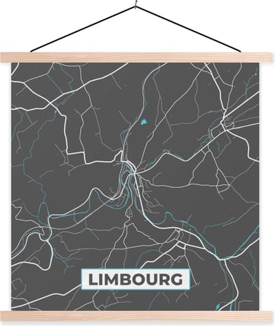 Posterhanger incl. Poster 40x40 cm - Schoolplaat - België – Limbourg – Stadskaart – Kaart – Blauw – Plattegrond - Textielposter - Blanke latten - Stadskaart
