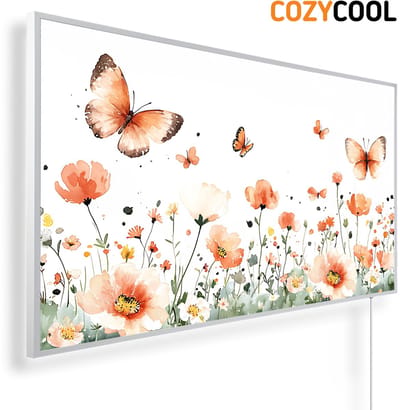Infraroodpaneel met afbeelding | Aquarel van klaprozen en vlinders | 1200 Watt | Witte lijst | Infrarood verwarmingspaneel | Infrarood paneel | Infrarood verwarming