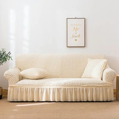 Roze Ruit Stretch Bankhoes voor Woonkamer Seersucker Rok Fauteuilhoes L-Vorm Bankhoezen Elastische Rok 1 2 3 4 Zits 90x140cm beige
