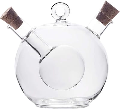Intirilife 2-in-1 Azijn- en olie-dispenser van glas met twee openingen - 350 ml / 60 ml inhoud - 13 x 10.5 x 11.5 cm - Olie fles met kurk, decoratief