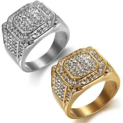Bagues Hip Hop Acier Inoxydable Zircone Cubique Iced Out Haute Qualité Micro Pavage Anneaux Cz Femmes & Hommes Anneau de Doigt Octogonal gray