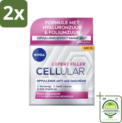 NIVEA - CELLular Expert Filler Dagcrème - Anti-Veroudering Gezichtscrème - SPF 15 - Met Hyaluronzuur, Creatine & Foliumzuur - 50 ml - Voordeelverpakking - 2 stuks - Anti-age crème - Dagcrème