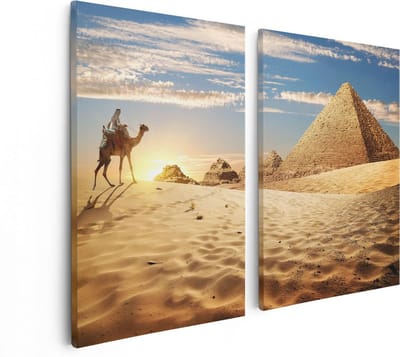 Artaza Canvas Schilderij Tweeluik Egyptische Piramides met een Kameel - 80x60 - Foto Op Canvas - Canvas Print