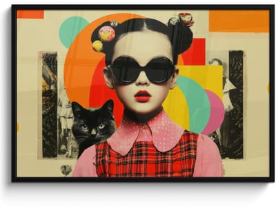 Poster in lijst - Fotolijst 120x80 cm - Posters - Meisje - Zonnebril - Kat - Retro - Posterlijst zwart - Decoratie - Wanddecoratie woonkamer - Muurdecoratie slaapkamer