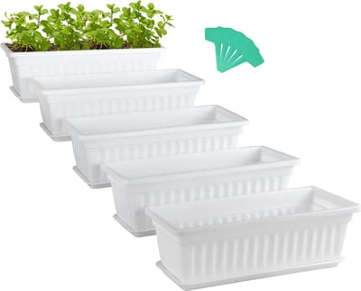 Famanu – Set van 5 rechthoekige bloempotten, 42,7 cm, ideaal voor het kweken van bloemen, vetplanten en kruiden, inclusief onderzetters