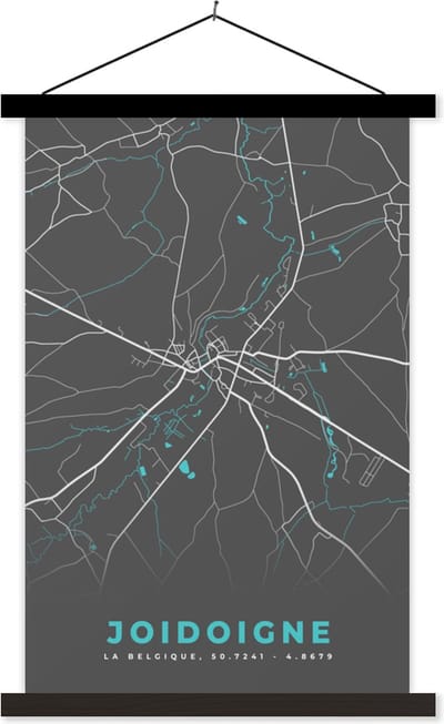 Posterhanger incl. Poster 40x60 cm - Schoolplaat - Stadskaart – Grijs - Kaart – Joidoigne – België – Plattegrond - Textielposter - Zwarte latten - Stadskaart