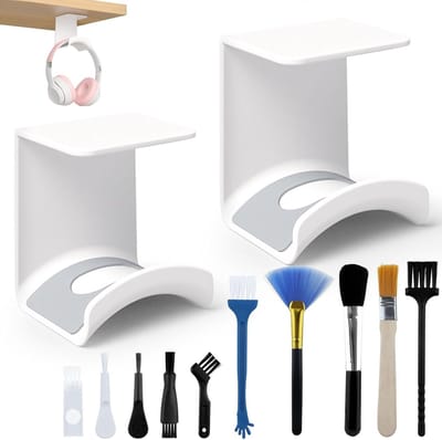 Set van 2 Hoofdtelefoonhouders voor aan de Wand, Inclusief 10 Schoonmaaktools voor Meerdere Apparaten, Ideaal voor Gaming en Kantoor