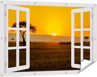 Gards Tuinposter Doorkijk Zonsopgang in de Savanne met een Boom - 120x80 cm - Tuindoek - Tuindecoratie - Wanddecoratie buiten - Tuinschilderij