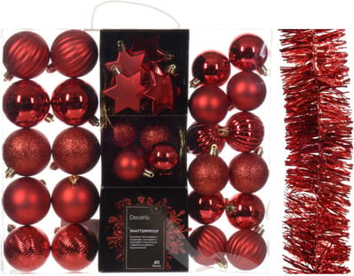 Kerstversiering set - rood - kerstballen, ornamenten en folie slinger - kunststof