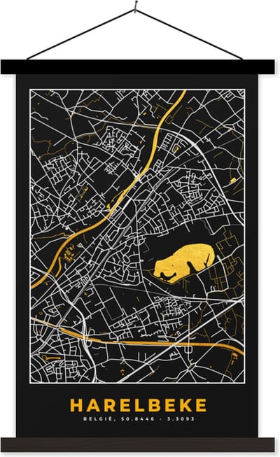 Posterhanger incl. Poster 40x60 cm - Schoolplaat - Plattegrond - Goud - Harelbeke - Stadskaart - Kaart - Textielposter - Zwarte latten - Stadskaart