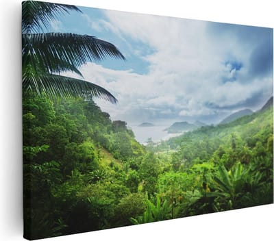 Artaza Canvas Schilderij Tropisch Landschap - 30x20 cm - Klein - Wanddecoratie Palmboom - Muurdecoratie Zee - Kamer Accessoires Bergen