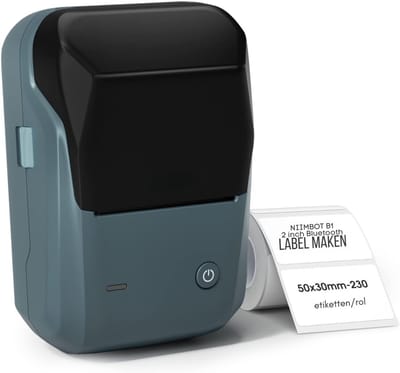 Quvo® Labelmaker met 1 Rol Starter Tape – Label Maker met Bluetooth – Thermische Labelprinter – IOS en Android – Print Breedte 20/50mm - Blauw - 13cm x 6cm x 9cm