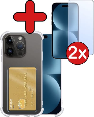 Hoesje - Geschikt voor Apple iPhone 15 Pro - Met 2x Screenprotector - Pashouder - Kaarthouder - Back Cover - Telefoon Hoes Shockproof - Siliconen Case - Shock Proof - Pasjes Houder - Telefoonhoes - Transparant