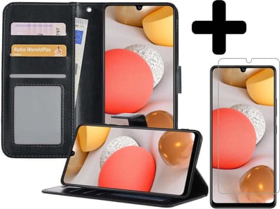 Hoesje - Met Screenprotector - Geschikt voor Samsung Galaxy A42 - Luxe Pasjeshouder - Bookcase Portemonee - Flip Case - Kunstleer Book Case - Flipcase - Book Cover - Walletcase - Portemonneehoes - Telefoonhoesjes - Zwart