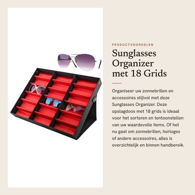 Dailygoods- Zonnebrilhouder 18 vakken - Opbergdoos met deksel - Displaybox - Reiskoffer - Accessoires opbergen - Perfecte maat 47x37x6 cm