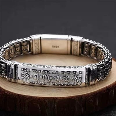 Etnische zes-karakter mantra boeddhistische geschriften armband mannen sieraden draaiende cilinder retro Thaise zilveren ketting armband sieraden 22cm white