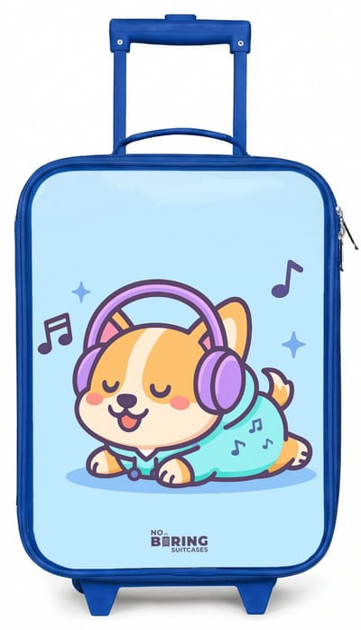 NoBoringSuitcases.com® - Kinderkoffer blauw - Kindertrolley jongen - Kawai - Hond - Muziek - Koffer kind lichtgewicht - Reiskoffer trolley voor kinderen - Koffertje met lichtgevende wieltjes - Rolkoffer